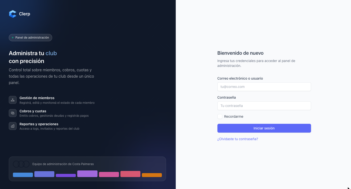 Pantalla de inicio de sesión de Clerp para el panel de administración.